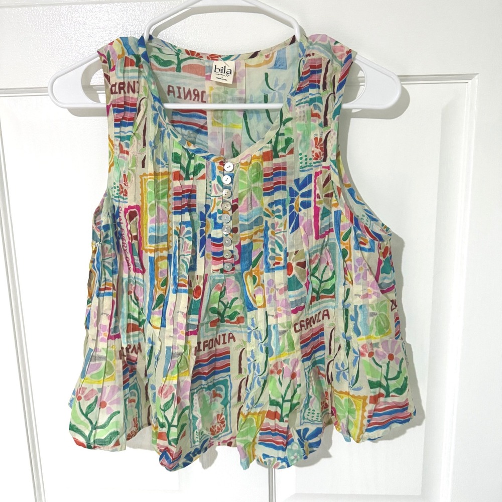 Bila Est 77 California Postcard Print Cotton Sleeveless Top Multi Color Small